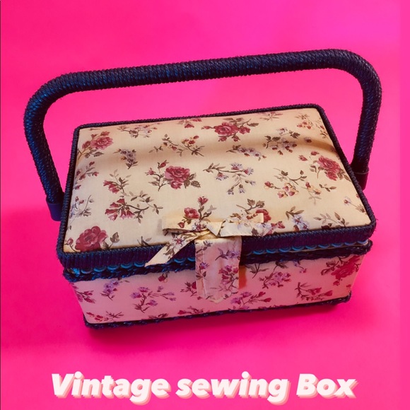 Vintage Sewing box, Floral & Blue wicker style